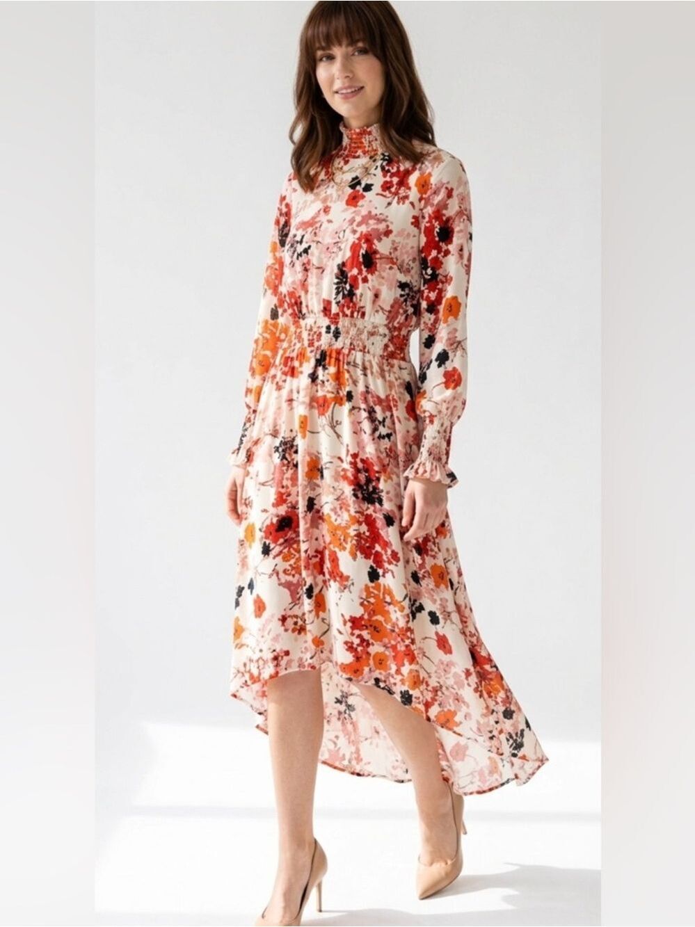 Nanette Lepore Long Sleeve High-Low Smocked Mockneck Floral Pink Dress Size 6